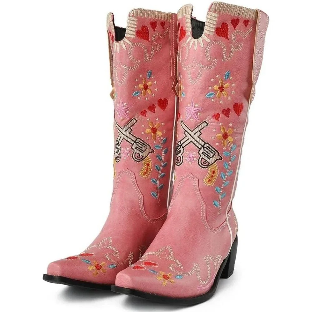 Women's Pink Floral Embroidered Cowgirl Boots Chunky Low Heels Pull On Shoes - Picture 1 of 4